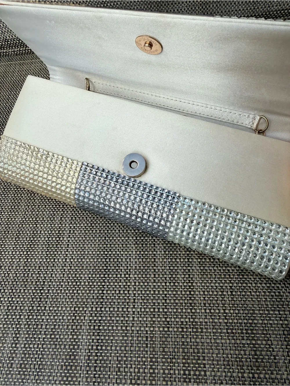 Aldo Tricolor Crystal-Embellished Evening Clutch - Gold/Black/Cream